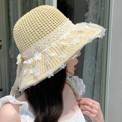 Кружевная шляпа из соломы с цветком, женская летняя шляпа от солнца, пляжная шляпа от солнца, шляпа с большими полями, подчеркивающая лицо, маленькая шляпа-ведро