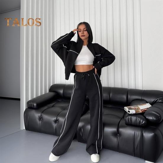 Женский комплект из 2 предметов: пальто и брюки, полувысокий воротник, застежка-молния, длинный рукав, эластичный пояс, широкие брюки, карманы, зимний повседневный спортивный костюм