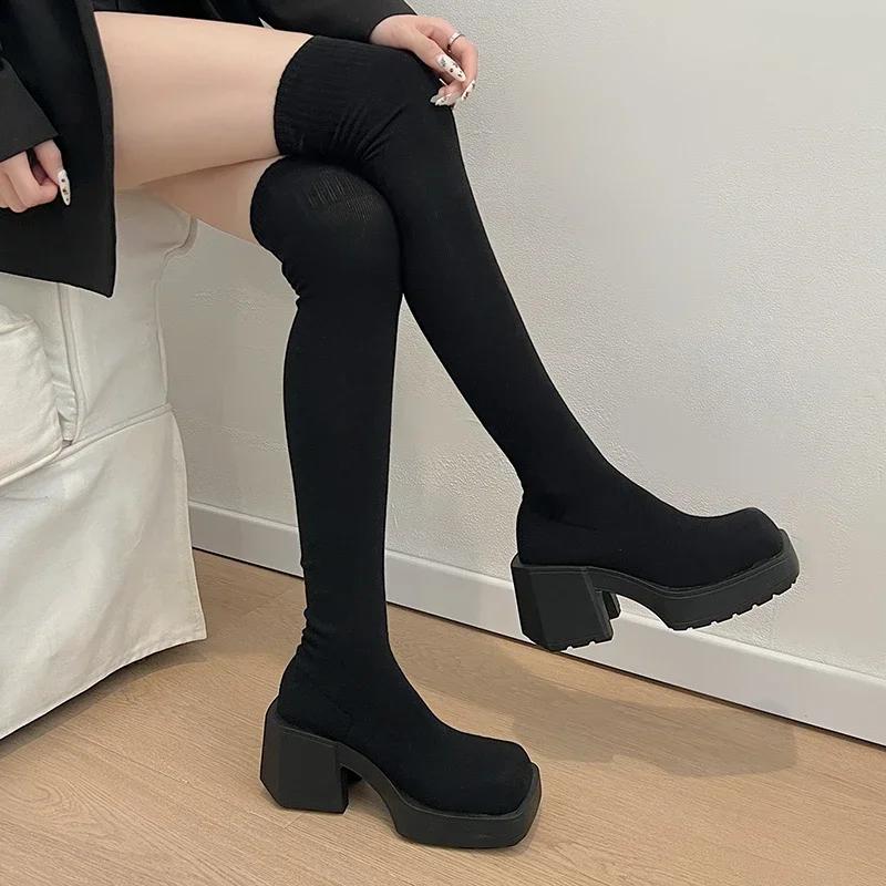 High Quality Women's Knee High Boots 2024 Fashionable Stretch Fabric Modern Matching Boots Round Toe Slip On Boots for Women