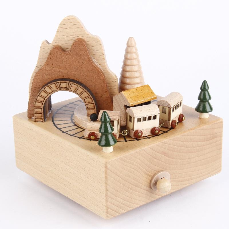 Handmade Wooden Music Box Creative Retro Rotating Music Box Christmas Birthday Gifts DIY Log Making Ornament Home Decoration