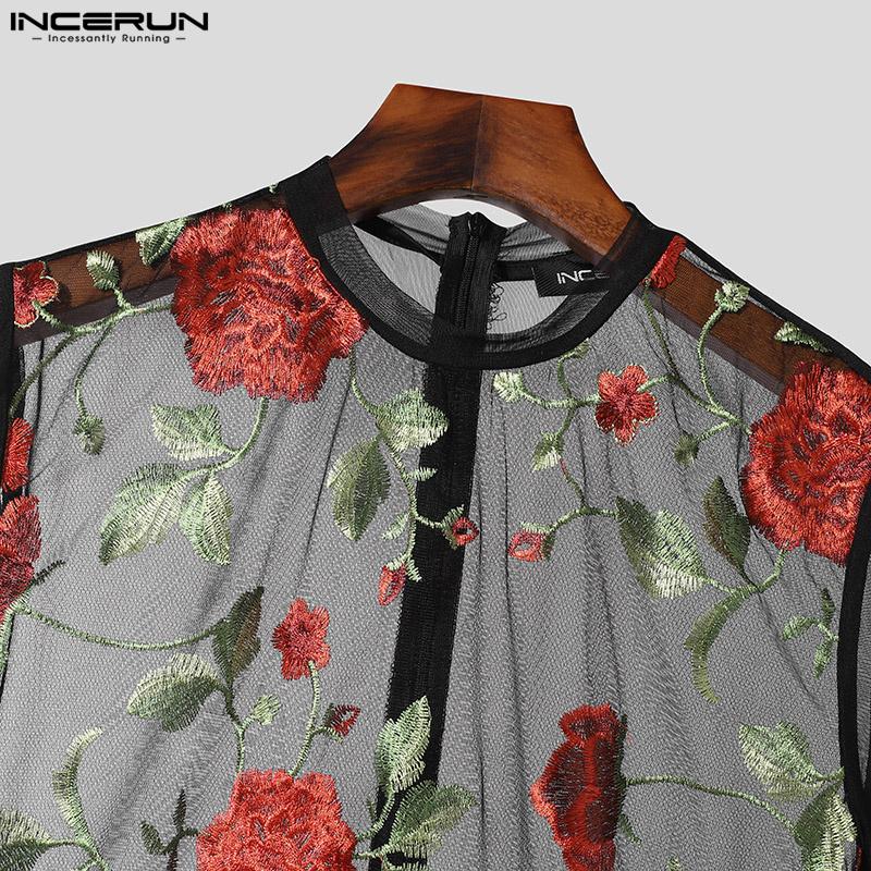 INCERUN Мужские прозрачные боди с коротким рукавом и прозрачной цветочной вышивкой