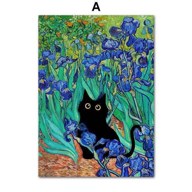 Funny Art Matisse Monet Black Cat Van Gogh Sunflowers Canvas Posters and Prints Wall Pictures for Living Room Decor