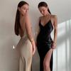 Summer Women Satin Silky Spaghetti Strap Split Long Dress Elegant Sleeveless Backless Club Party Beach Sexy