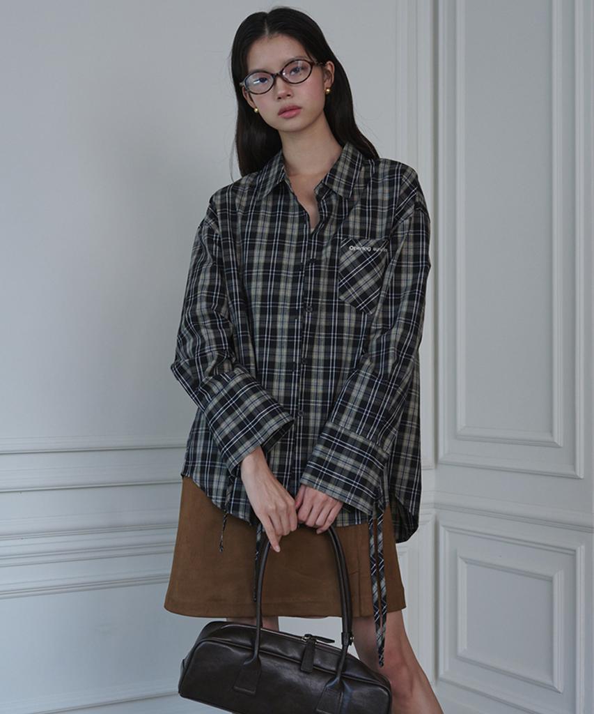 OPENING SUNSHINE Ribbon Detail Oversized Cotton Shirt_Check Black