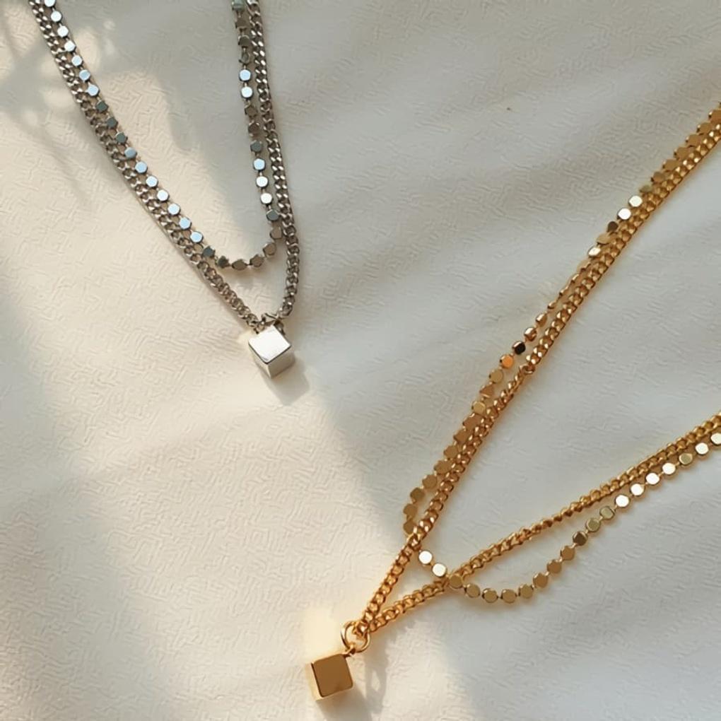 Women's 15K Gold-Plated Double-Line Coin Box Layered Necklace