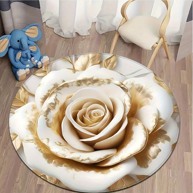 Luxurious Platinum Rose Flower round Carpet Bedroom Rug Living Room Home Sofa Rugs Large Floor Mats Decoration
