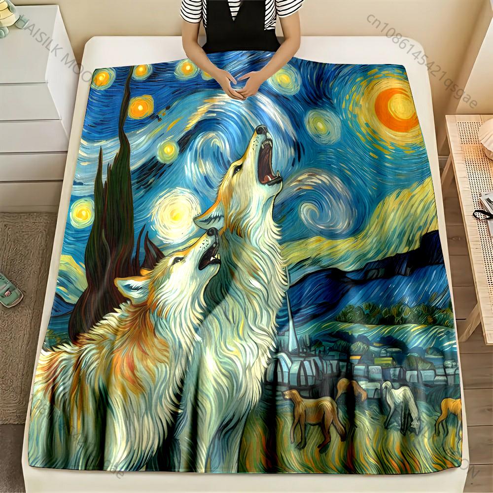 Multi size Van Gogh Howling Wolves Pattern Blanket Flannel Material Soft Warm for All Seasons Home Outdoor Camping Picnics RV
