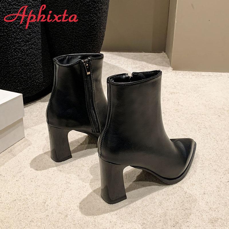 Fashion Aphixta Black Winter Zipper Warm Plush Ankle Boots Women 8.5cm Square Heel Zip Lady Footwear Shoes Super Big Size 44 45 46