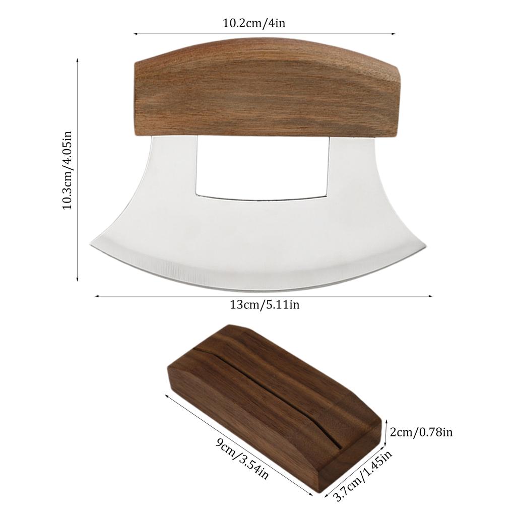 Mezzaluna Cutter Wood Grip Rocker Slicer Ergonomic Anti-Slip Handle Stainless Steel Alaskan Ulu Cutter With Wooden Stand For