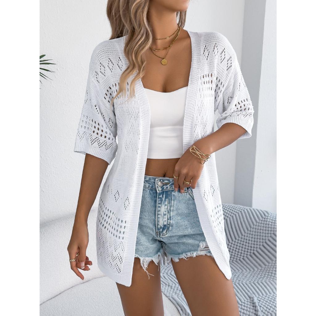 QICED Весенне-летний повседневный однотонный вязаный свитер с вырезами и рукавами средней длины, кардиган для отпуска, женская одежда