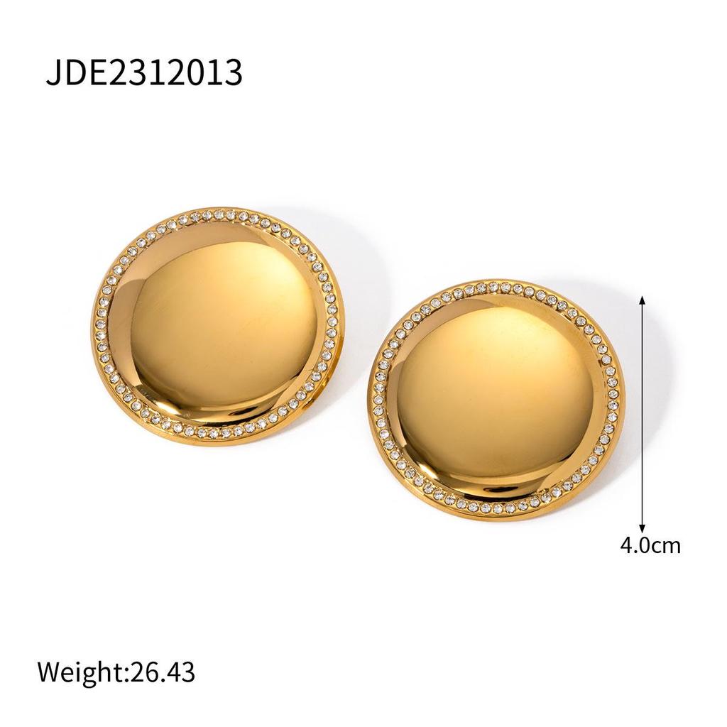 18k Gold-Plated Stainless Steel Diamond Inlaid Round Disc Earrings