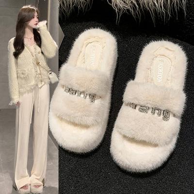 Пушистые тапочки на толстой подошве женские осенне-зимние для улицы, с чувством стиля, новинка 2025, интернет-знаменитость, со стразами, теплые хлопковые тапочки, тренд