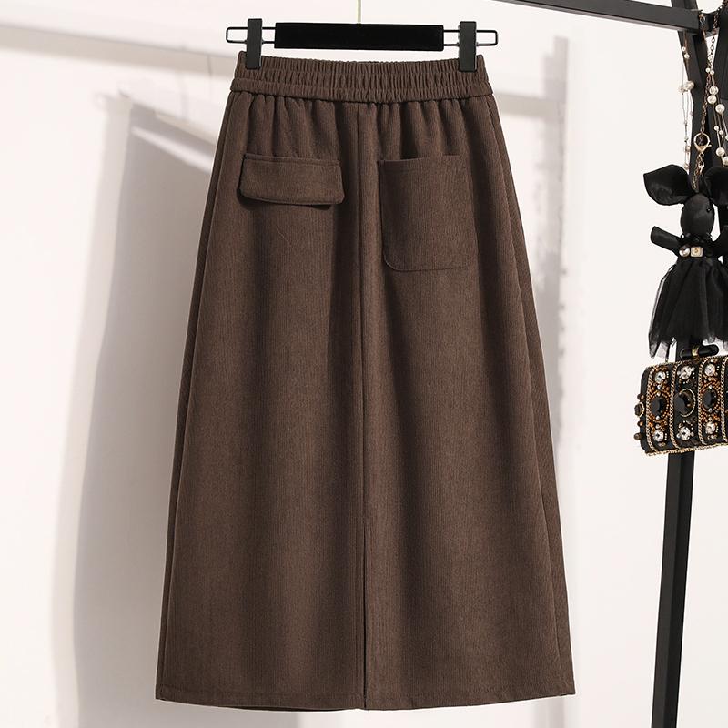2024 Осень Зима Плюс Размер Длинные Женские Юбки Однотонные А-силуэта Большие Размеры Женские Элегантные Юбки С Высокой Талией И Разрезом