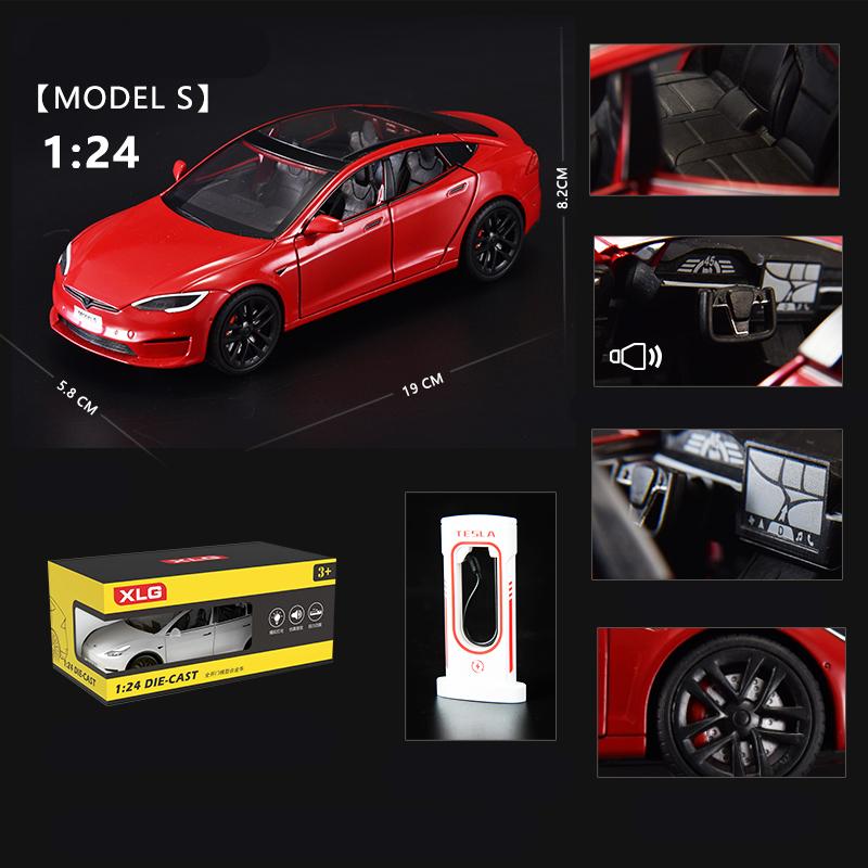 1/24 Scale Diecast Vehicle for Tesla Model S Model Car with Charging Station Collectible Sound Light Toy