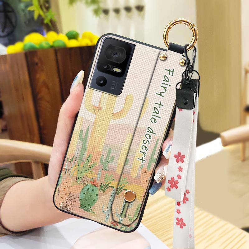 Lanyard Anti-knock Phone Case For TCL 40SE/T610K Dirt-resistant Flower Silicone Protective Ring Oil Painting Shockproof