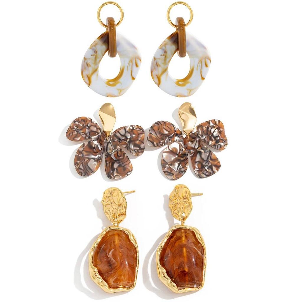 SHIXIN 4 Styles Retro Brown Leopard Print Acrylic Pendant Earrings for Women Elegant Geometric Flower Drop Earrings Jewelry Gift