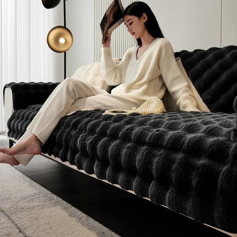 Warm Velvet Non-Slip Cushions Winter Thick Plaid Plush Sofa Cover Living Room Flannel Couch Covers Universal Armrest Back Towel