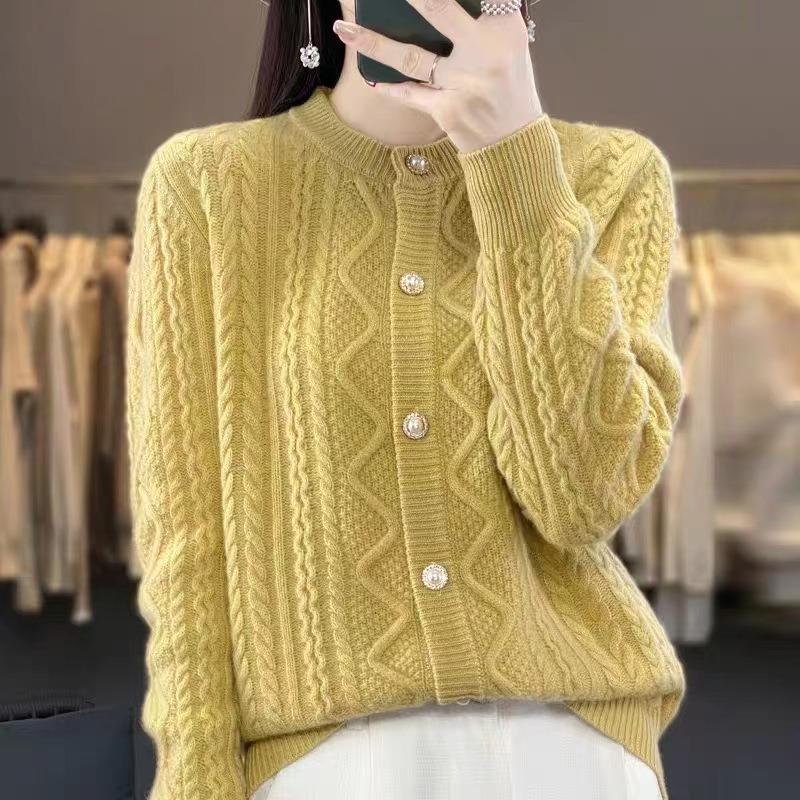 Весенний круглый вырез жакет с закруткой длинный рукав воротник стойка однотонный вязаный кардиган