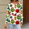 Women's Fashion Casual V-Neck Long Sleeve Decorative Button Christmas Print Top