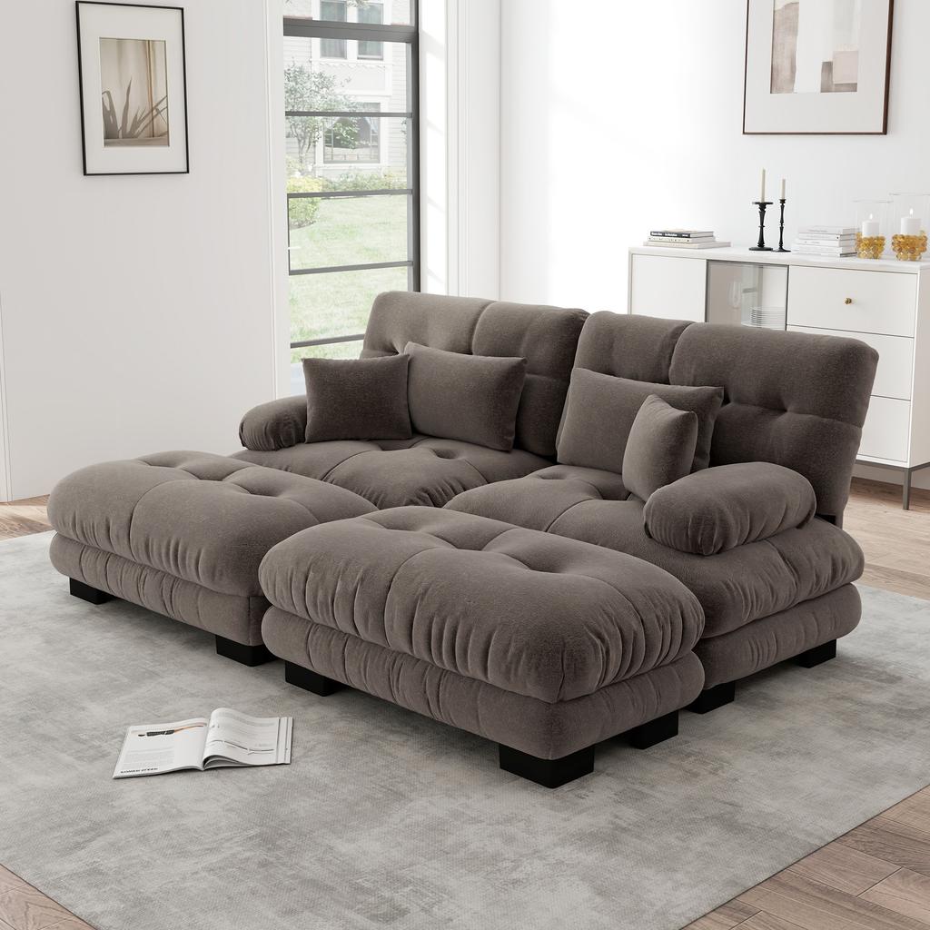 Cloud Corner Sofa for Living Room, Chenille Double Sofa with 2 Lumbar Cushions and 2 Decorative Cushions, Wide Armrests and 2 Ottomans, Chenille Brown