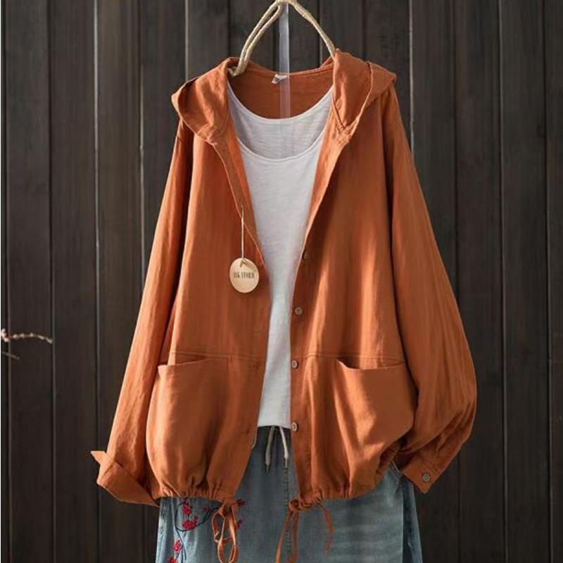 Women Oversized Thin Jacket Solid Color Loose Double Layered Cotton Shirt Cardigan Hooded Long Sleeve Lace Up Jackets