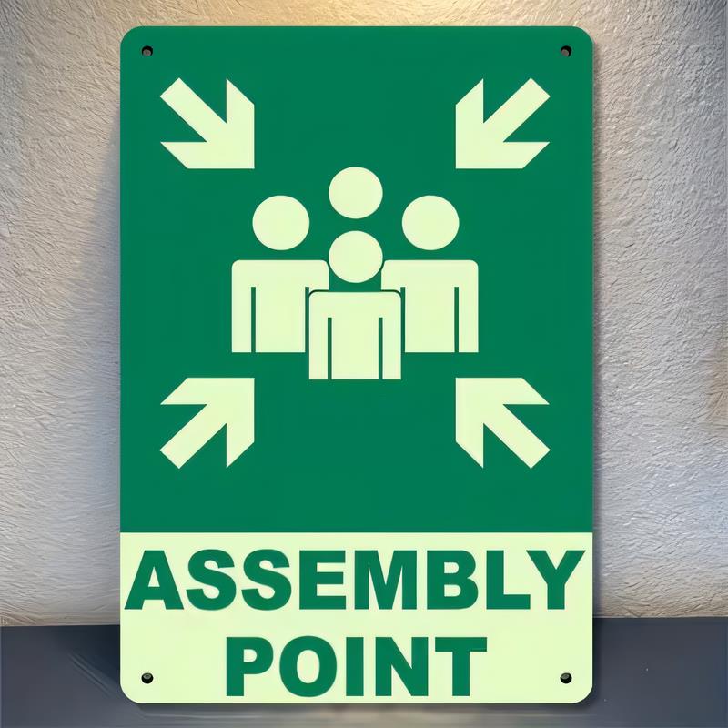 Tin Sign Assembly Point Safety Emergency Exit Symbols Green Retro Metal Wall Plaque Industrial Warning Decor for Garage Wareho