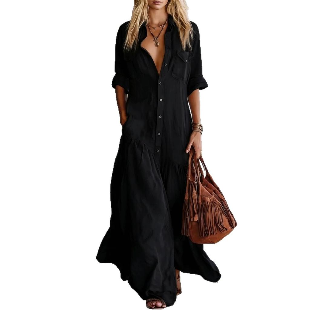 Women's Casual Dresses - Bohemian V-neck Shirt Collar Mid-length Loose Flowy Swing Vacation Dress Women