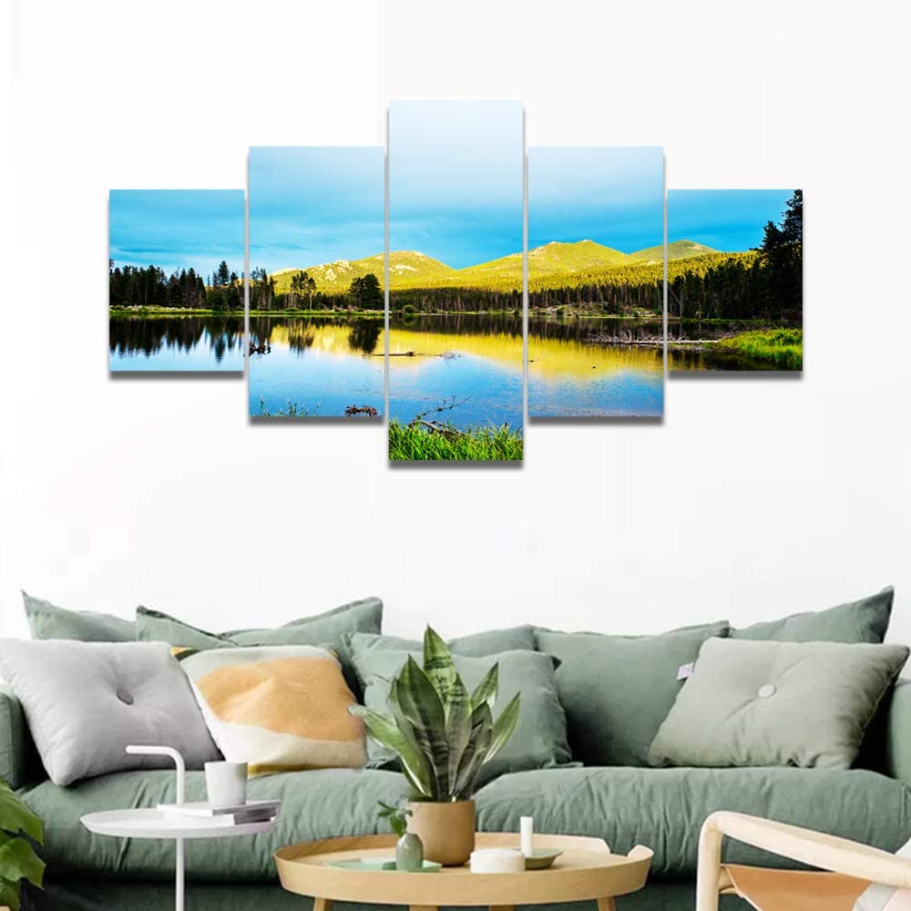 5Pcs Nature Lake The Rocky Mountain Beautiful Blue Stream Water Landscape Panoramic Scenery Frames Decor 5 Pieces Art Poster