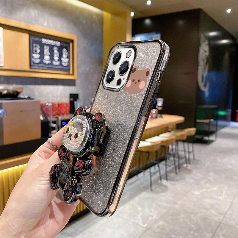 15Pro 14Pro Glitter Bling Bear Phone Holder Case For iPhone 15 14 13 12 11 Xs Pro Max Mini X XR Apple 6 6s 7 8 Plus Stand Cover