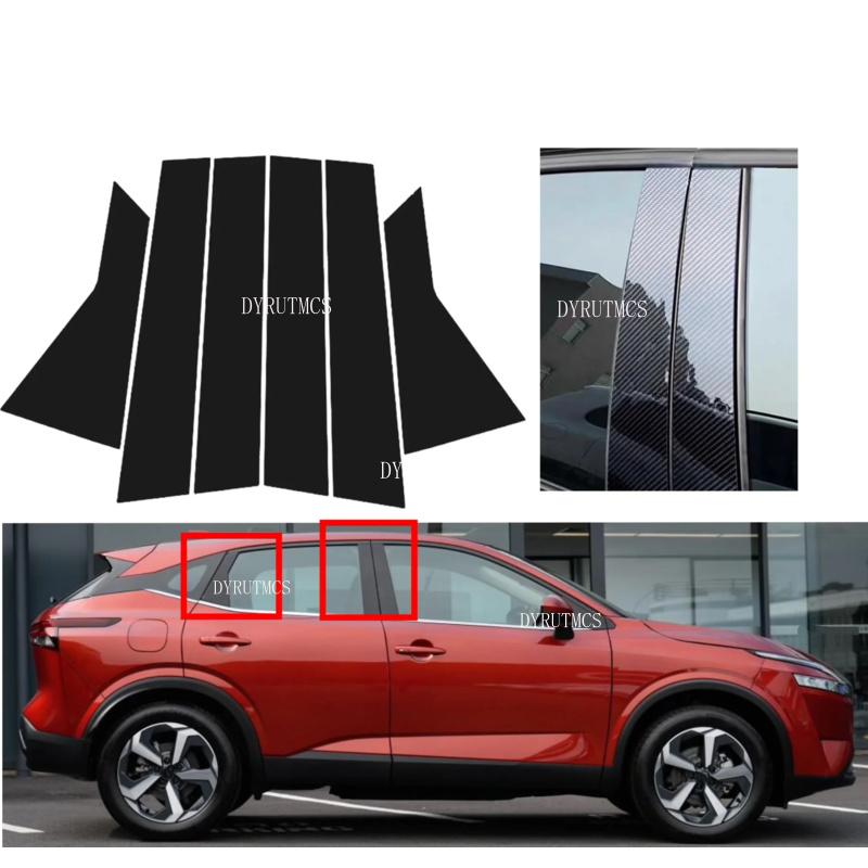 6PCS Glossy Black Silver Carbon Pillar Post Fit For Nissan Qashqai J12 2022 2023 2024 Door Window Column BC Trim Sticker Cover