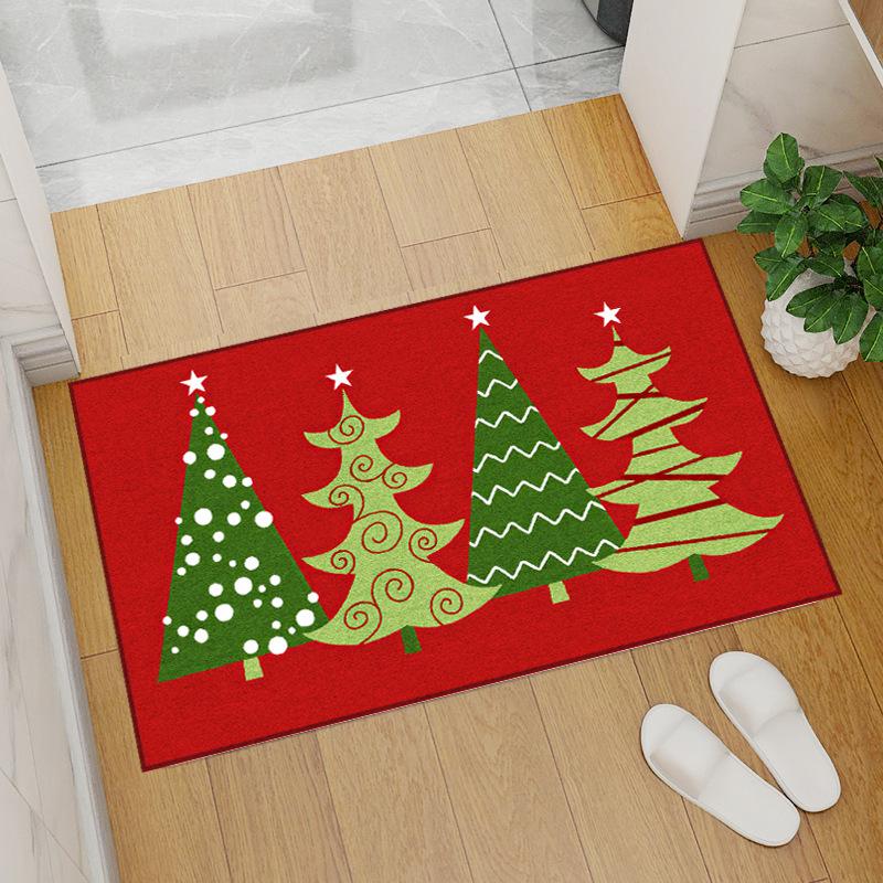 Red Coral Fleece Christmas Floor Mat with Santa Claus and Tree Design