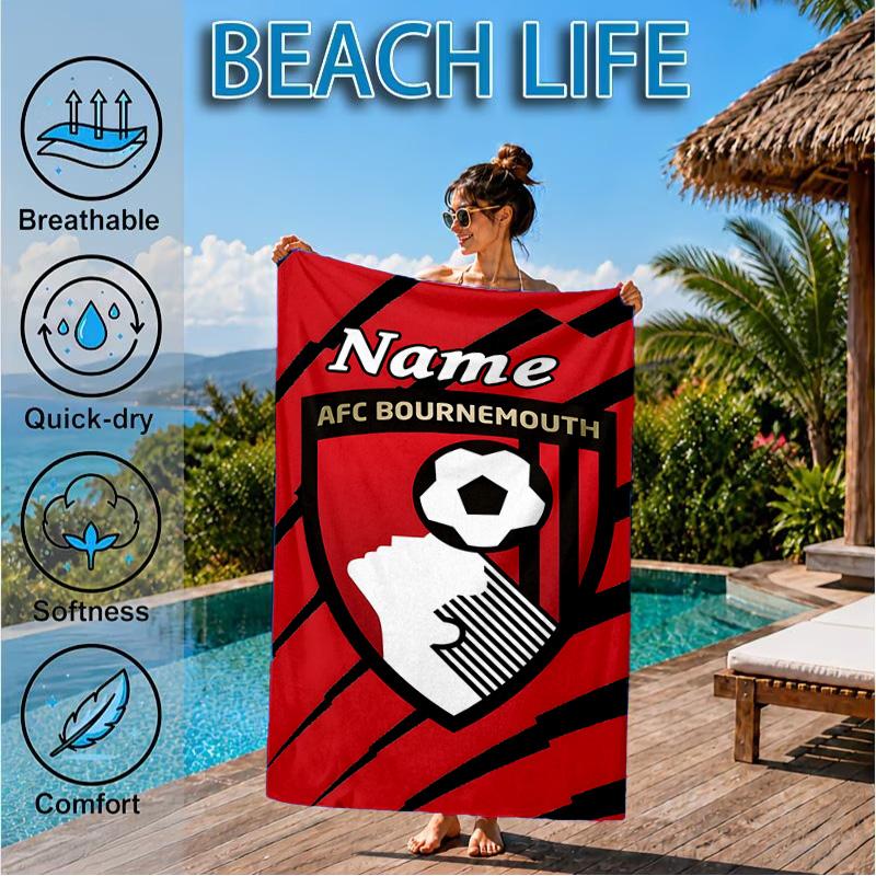 Custom Name Beach Towel Bournemouth Crest Microfiber Beach Towel, Lightweight for Summer Travel, Swimming Pool Fan Birthday Gift