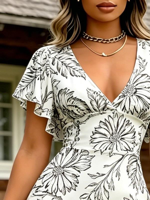 White Black Floral Sketch Print Maxi Dress V Neck Flutter Sleeve High Waist Slim Fit Holiday Long Dress