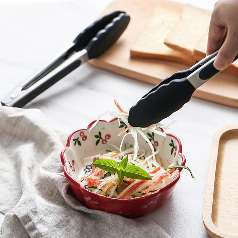 Stainless Steel Kitchen Tongs Silicone Grilling Barbecue Heat-Resistant Antibacterial Lock Storage Cooking Utensils 2-Piece Set (Black) 23cm 30.5cm