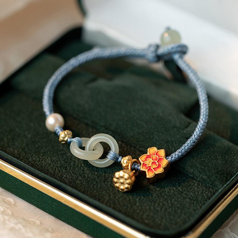 Этнический стиль Цветок Лотос Нефрит Жемчуг Плетеные Браслеты Регулируемый Тканый Браслет Для Женщин Ювелирные Изделия Аксессуары