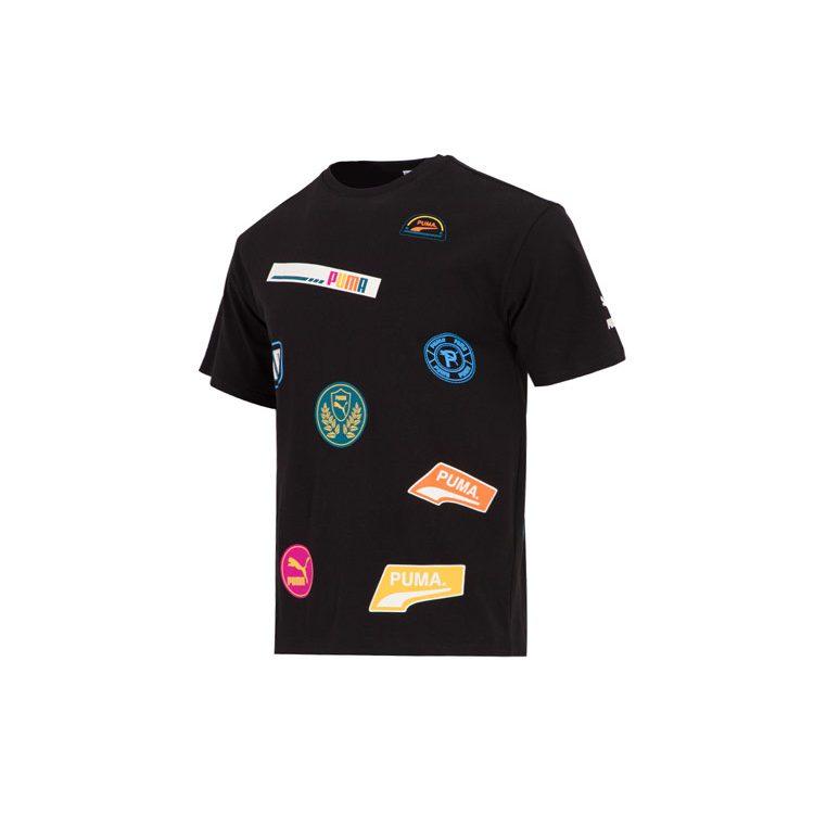 PUMA PRINT MIX BADGE T Shirts Men's Black Crew Neck Moderate Straight Fit 537795-01