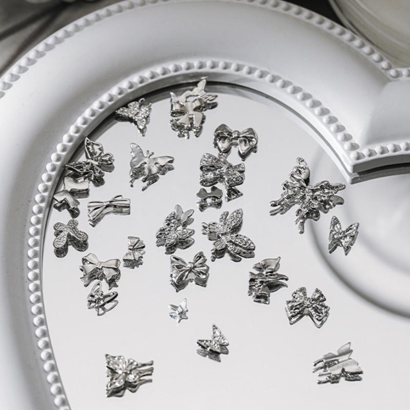 10Pcs Diy Nail Art Decoration 3D Silver Butterfly Shiny Rhinestones Nail Drills For Manicure Design Accessory