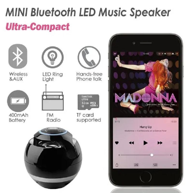 Светодиодный портативный мини-беспроводной Bluetooth-динамик, круглый Hi-Fi с сабвуфером, поддержка внутреннего и наружного использования, музыкальный плеер TF для IPhone / Android