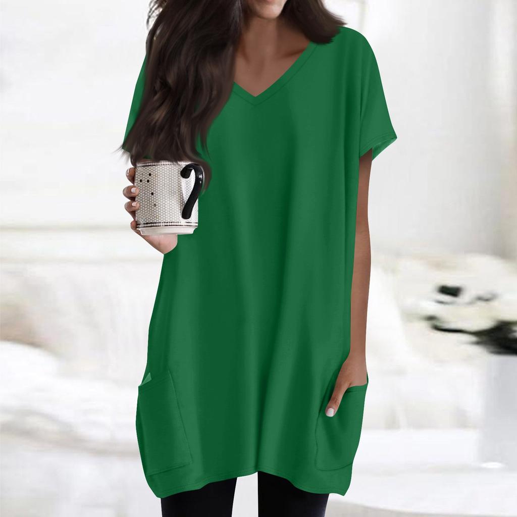 Womens Tops V-neck Short Sleeve Blouses Casual Mid-length Shirts Fashion Print Tunic Tops With Pockets