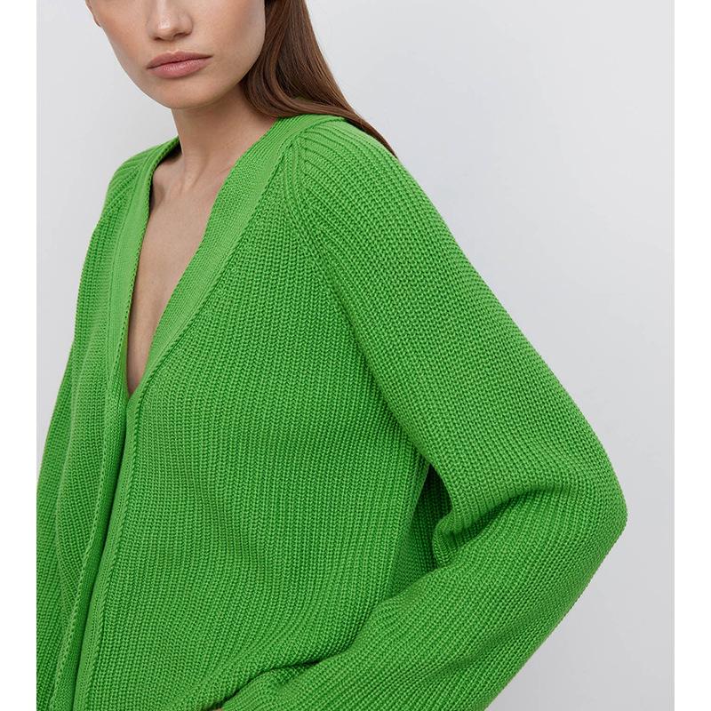 Women V Neck Short Sweater Cardigan Autumn Winter Temperament Bat Sleeve Button Solid Knit Tops