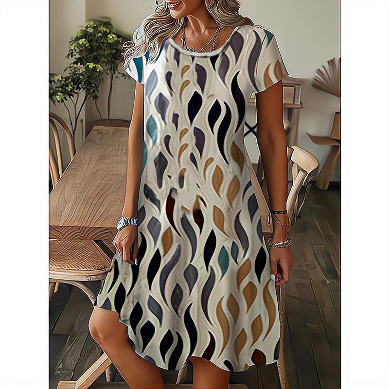 Summer Floral Printing Pocket Dress Summer Short Sleeve Slim Shirt Big Hem Short Skirt