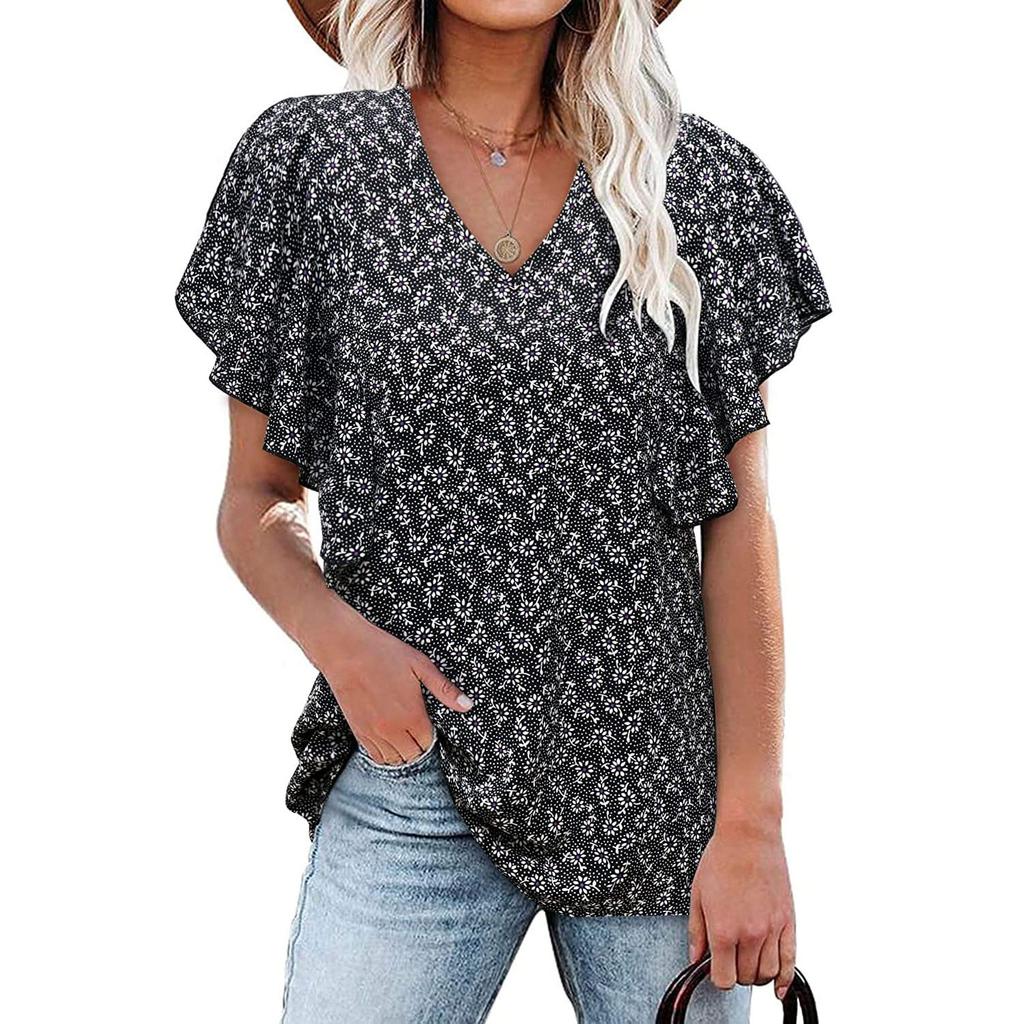 Summer Women's 2026 New V-Neck Floral Pleated Shirt Casual Short Sleeve Top for Women