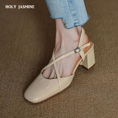 2024 Новая весна/лето женская обувь из спилка, женские сандалии с квадратным носком и толстым каблуком, ретро-обувь с закрытым носком