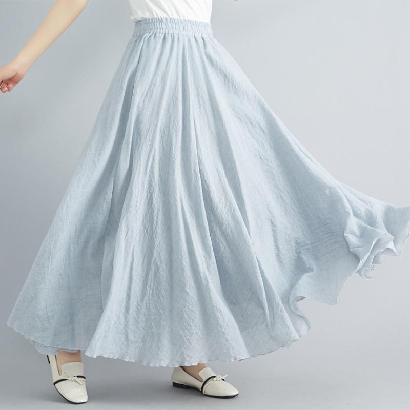 Летняя новая юбка большого размера из хлопка и льна, женская эластичная юбка с высокой талией, А-силуэта, повседневная свободная юбка, женская элегантная однотонная модная женская длинная юбка 26373