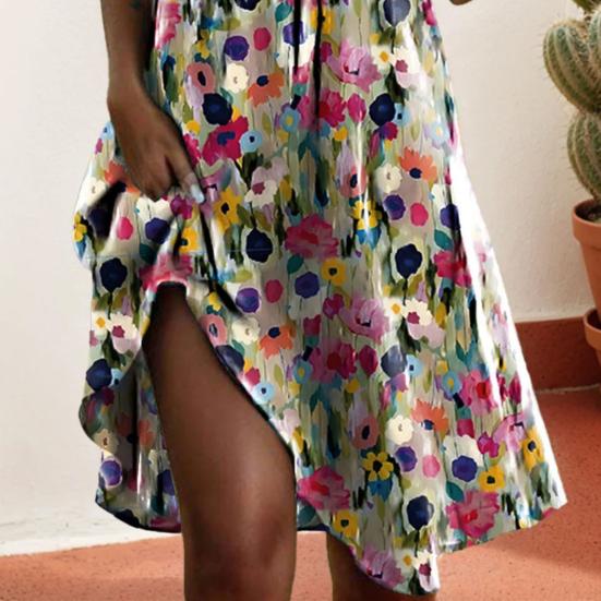 Женское платье в стиле бохо с цветочным принтом, летнее повседневное платье миди с V-образным вырезом и коротким рукавом, свободное платье-трапеция для пляжного отдыха