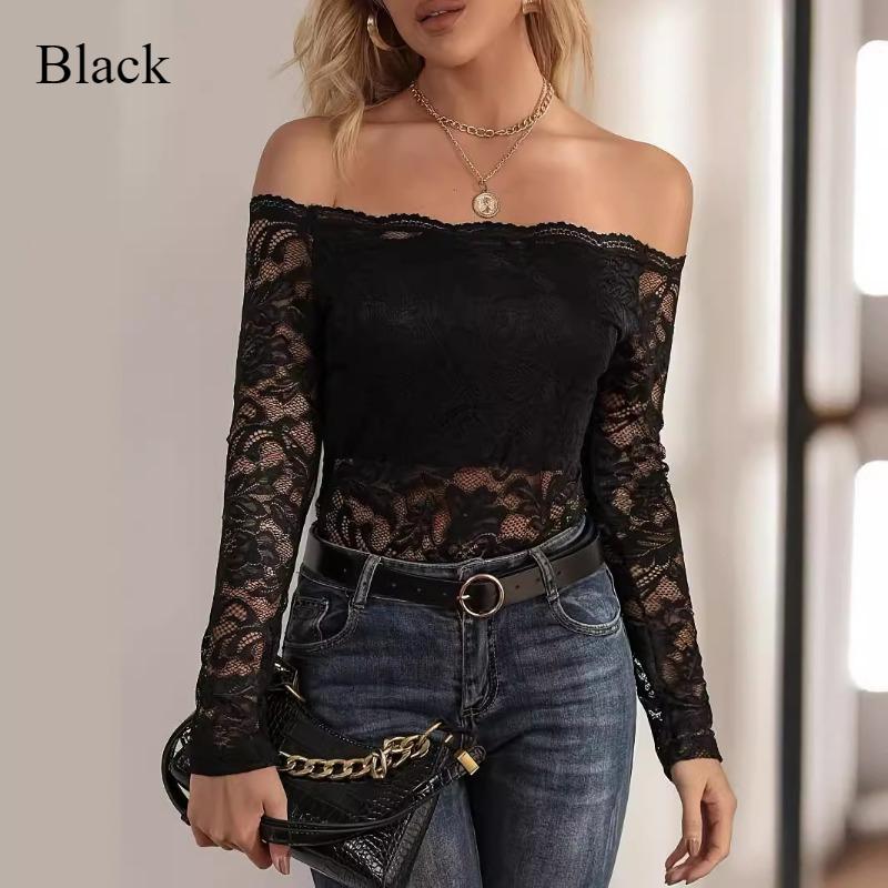 Pure Desire Spice One Line Neck Lace Top Женская новая сексуальная облегающая футболка с V-образным вырезом и элегантным открытыми плечами с длинным рукавом