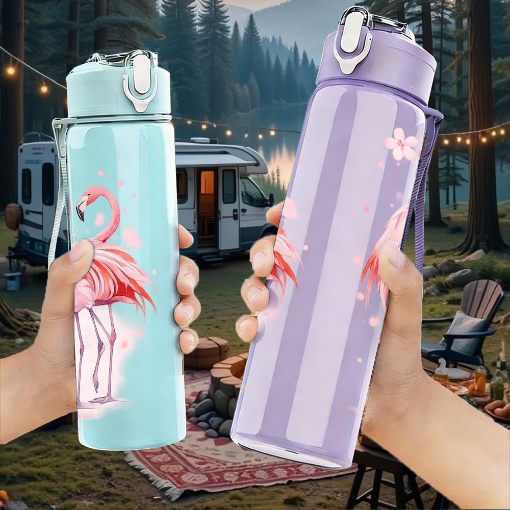 1PC Two Pink Flamingo Bird Print 750ml Color Plastic Sports Water Bottle Leakproof Flip Straw Lid Suitable for Sports Office Home Use