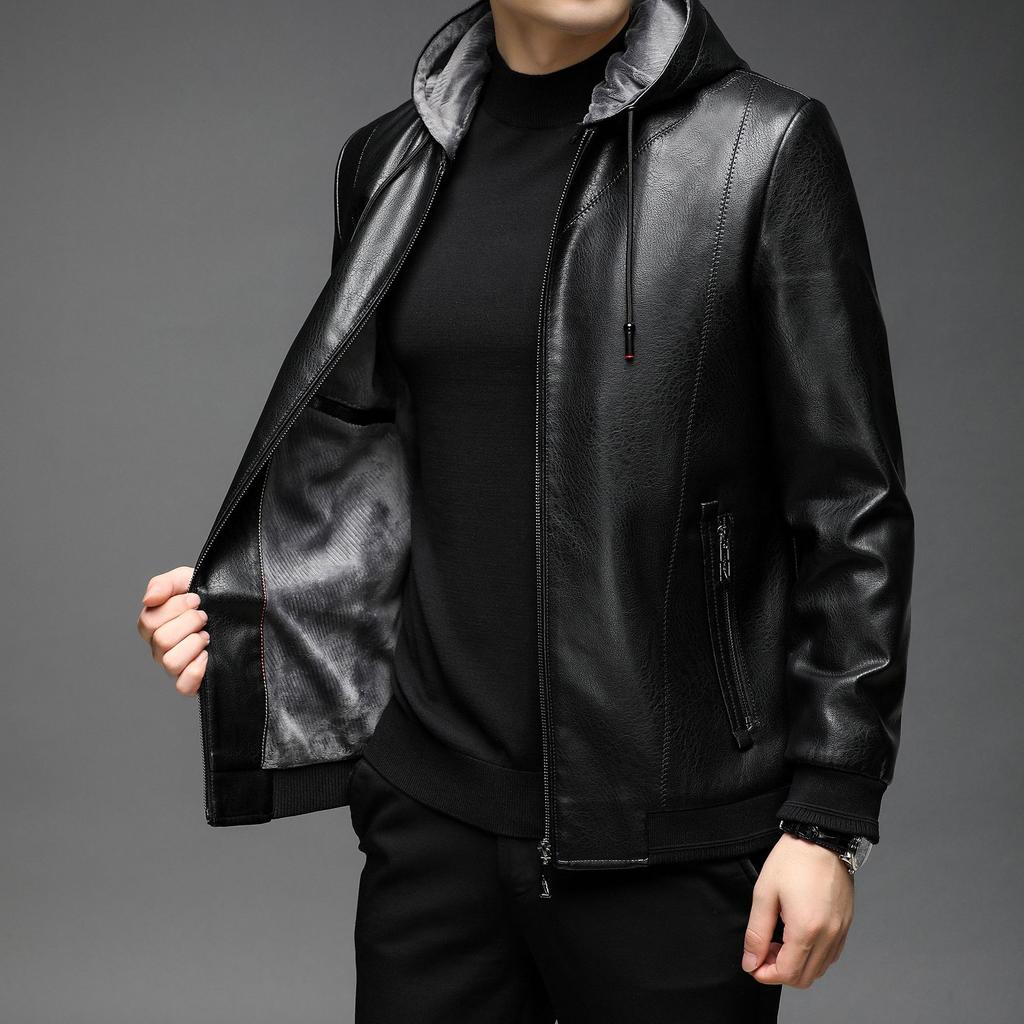 Кожаная куртка мужская осень и зима новая мужская флисовая утолщенная кожаная куртка с капюшоном мужская куртка модная повседневная кожаная куртка