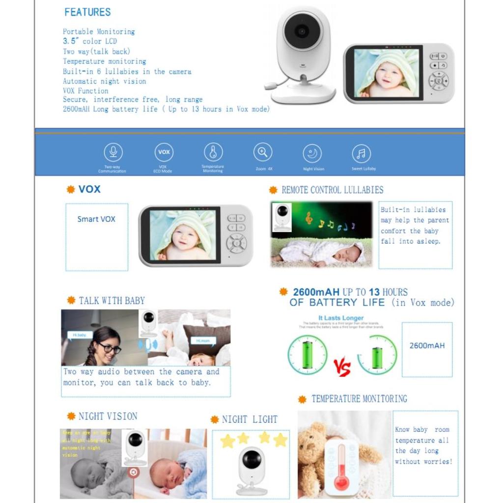 Няня SP316 Видеоняня 2,4G Беспроводная с 3,5-дюймовым ЖК-дисплеем 2-сторонняя аудиоразговорная камера наблюдения ночного видения