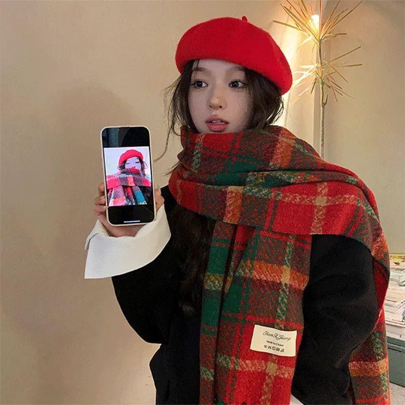 Осень И Зима Новый Клетчатый Шарф Для Женщин Корейский Стиль Универсальная Шаль Теплый Рождественский Шерстяной Шарф На Шею